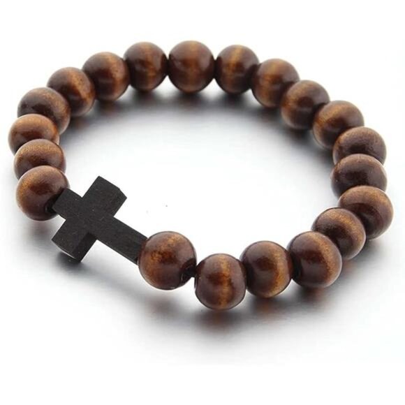 Wood Bead Cross Bracelet Men Women Religious Faith Prayer Handmade Jewelry - Picture 6 of 6